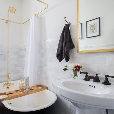 Bathroom - mid-sized contemporary master black tile, black and white tile, gray tile, white tile and stone tile porcelain tile and black floor bathroom idea in Atlanta with white walls and a pedestal sink