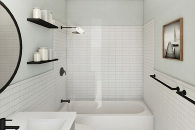 ニューヨークにあるインダストリアルスタイルのおしゃれな浴室 (グレーのキャビネット、黄色いタイル、セラミックタイル、緑の壁、セメントタイルの床、アンダーカウンター洗面器、クオーツストーンの洗面台、グレーの床、白い洗面カウンター) の写真