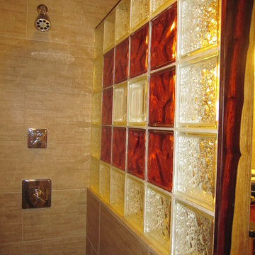 Inside of glass block shower wall and bamboo tile