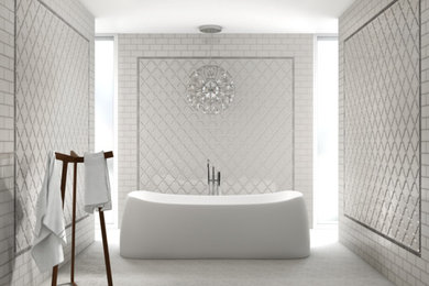 Large trendy master white tile and ceramic tile freestanding bathtub photo in Raleigh with white walls