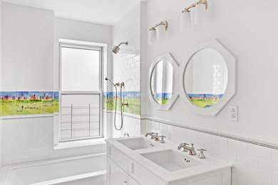 Trendy kids' multicolored tile and ceramic tile bathroom photo in New York with white walls
