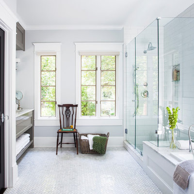 Example of a classic white tile and subway tile white floor bathroom design in Atlanta with an undermount sink, recessed-panel cabinets and gray cabinets