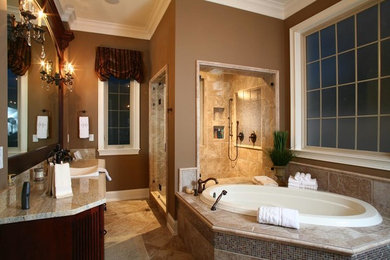 Inspiration for a master beige tile and ceramic tile ceramic tile doorless shower remodel in Charleston with a hot tub, beige walls and granite countertops