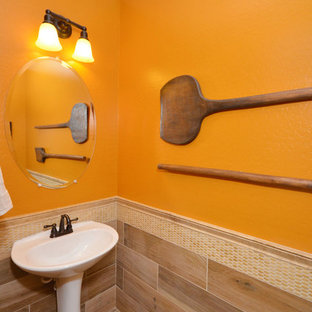 Bathroom - mid-sized contemporary 3/4 beige tile and wood-look tile light wood floor bathroom idea in Phoenix with a console sink, quartz countertops, a one-piece toilet and orange walls