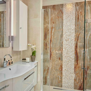 Italian marble and mother of pearl mosaic twin shower