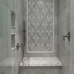 Huge tuscan 3/4 gray tile and porcelain tile marble floor and multicolored floor bathroom photo in Phoenix with furniture-like cabinets, gray cabinets, a one-piece toilet, multicolored walls, a vessel sink and granite countertops