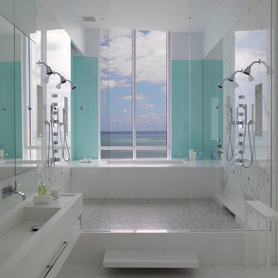 Double shower - contemporary double shower idea in Miami with an integrated sink