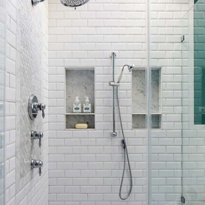 Mid-sized elegant master white tile and ceramic tile marble floor and gray floor bathroom photo in DC Metro with raised-panel cabinets, white cabinets, a one-piece toilet, green walls, an undermount sink, marble countertops, a hinged shower door and gray countertops