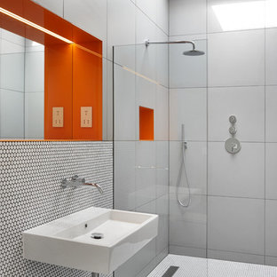 Photo of a modern bathroom in Berkshire with a built-in shower, grey tiles, mosaic tile flooring, a wall-mounted sink, white floors and an open shower.