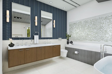 Bathroom - large master white tile and porcelain tile porcelain tile and white floor bathroom idea with flat-panel cabinets, brown cabinets, a wall-mount toilet, white walls, a trough sink, quartzite countertops, a hinged shower door and blue countertops