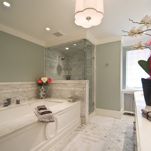 Photo of a large classic ensuite bathroom in DC Metro with a submerged sink, white cabinets, a submerged bath, a corner shower, grey tiles, marble tiles, green walls, marble flooring, marble worktops, white floors and a hinged door.