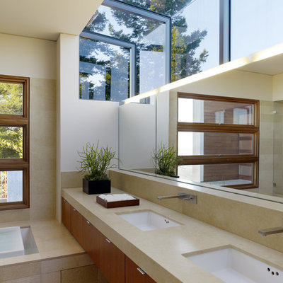 Inspiration for a modern alcove bathtub remodel in San Francisco with an undermount sink