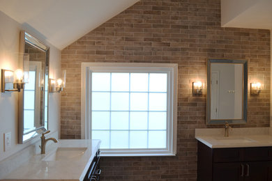 Inspiration for a mid-sized contemporary master beige tile and porcelain tile porcelain tile and beige floor double shower remodel in DC Metro with shaker cabinets, dark wood cabinets, a two-piece toilet, beige walls, an undermount sink, quartz countertops, a hinged shower door and white countertops