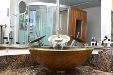 Minimalist bathroom photo in Miami with a vessel sink and granite countertops