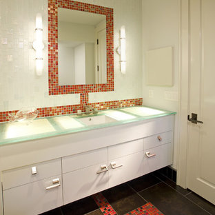 Photo of a contemporary bathroom in Minneapolis with mosaic tile, red tile and turquoise benchtops.