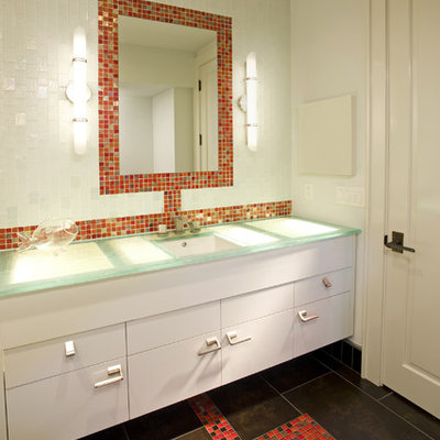 Trendy mosaic tile and red tile bathroom photo in Minneapolis with turquoise countertops