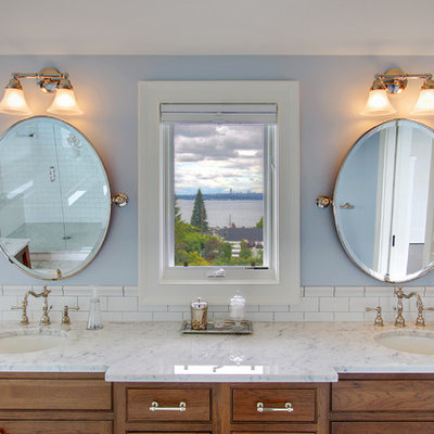 Inspiration for a cottage subway tile bathroom remodel in Seattle with an undermount sink