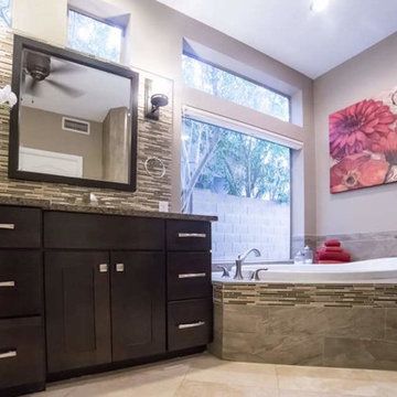 Kitchen & Bathroom Remodel with Dark Wood and Beige Granite