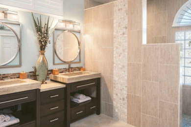 シャーロットにあるおしゃれな浴室 (濃色木目調キャビネット、オープン型シャワー、ベージュのタイル、青い壁、ベッセル式洗面器、ソープストーンの洗面台) の写真