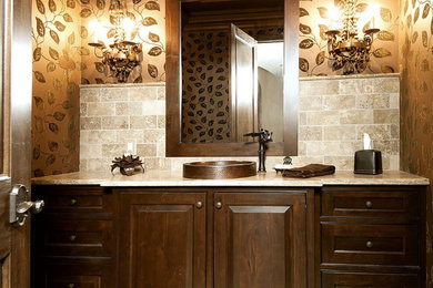 Example of a mid-sized 3/4 white tile and ceramic tile bathroom design in Miami with a vessel sink, raised-panel cabinets, dark wood cabinets, granite countertops and brown walls