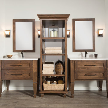 Knotty and Nice Master Bathroom for Two: Double Furniture Style Vanities and Fre