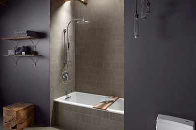 Inspiration for a medium sized contemporary ensuite bathroom in Philadelphia with open cabinets, medium wood cabinets, an alcove shower, a one-piece toilet, grey walls and porcelain flooring.