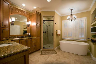Kreis Master Bath Wood Vanity, Tile Shower, & Freestanding Tub