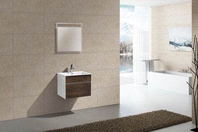 Design ideas for a small modern shower room bathroom in Toronto with open cabinets, medium wood cabinets, a freestanding bath, a walk-in shower, white tiles and laminate worktops.