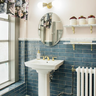 Bathroom - small traditional blue tile and porcelain tile mosaic tile floor and white floor bathroom idea in Denver with pink walls and a pedestal sink