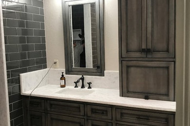 Large beach style master brick floor and gray floor bathroom photo in Detroit with beaded inset cabinets, gray cabinets, gray walls, an undermount sink and quartzite countertops
