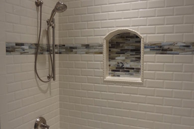 Example of a mid-sized classic 3/4 white tile and subway tile bathroom design in Other with white walls
