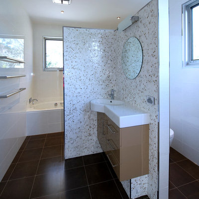 Trendy porcelain tile porcelain tile bathroom photo in Sydney with an undermount sink, flat-panel cabinets, beige cabinets and white walls