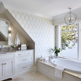 Mid-sized transitional 3/4 bathroom in Minneapolis with shaker cabinets, white cabinets, a drop-in tub, an undermount sink and grey benchtops.