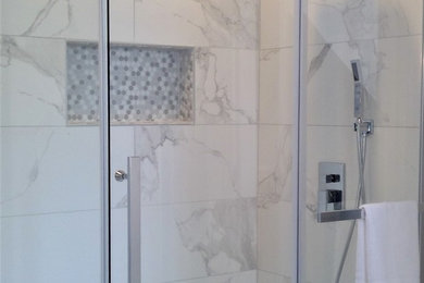 Bathroom - mid-sized coastal master white tile and ceramic tile bathroom idea in Calgary