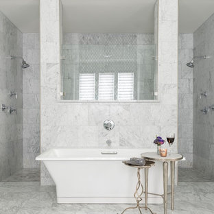 Transitional master gray tile and marble tile marble floor and gray floor bathroom photo in Dallas with shaker cabinets, white cabinets, gray walls and marble countertops