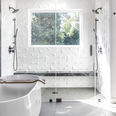 Inspiration for a contemporary master black tile and white tile gray floor bathroom remodel in Sacramento with white walls and a hinged shower door