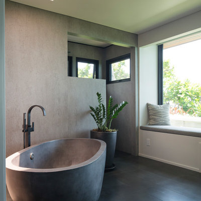 Inspiration for a contemporary gray floor freestanding bathtub remodel in Hawaii with gray walls