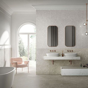 Large Format Limestone Marble Effect Porcelains create Stunning Bathroom Spaces