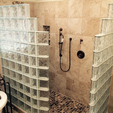 Large glass block shower with style caps and curved finished end blocks