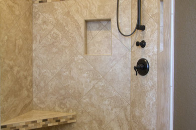 Example of a large minimalist master porcelain tile walk-in shower design in Portland