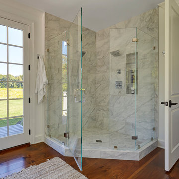 Large Master Corner Shower with Glass Hinged Door
