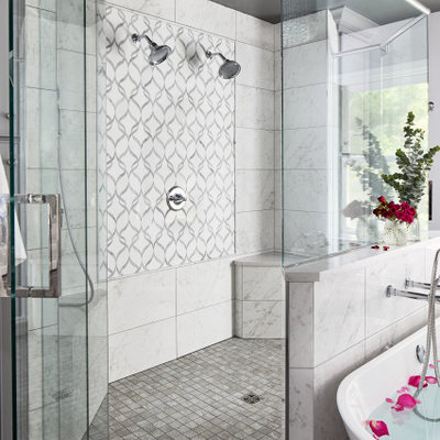 Large transitional master porcelain tile porcelain tile and gray floor bathroom photo in DC Metro with gray walls