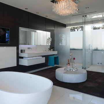 Laurel Way Beverly Hills luxury home primary bathroom with freestanding soaking