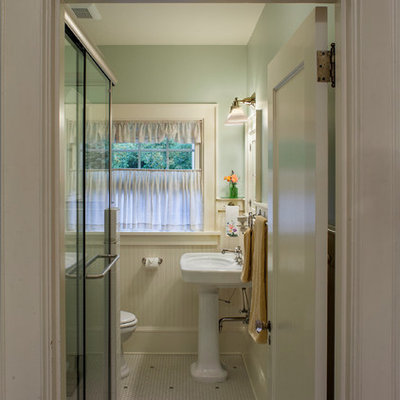 Inspiration for a small craftsman 3/4 white tile and subway tile mosaic tile floor double shower remodel in Portland with a pedestal sink and blue walls