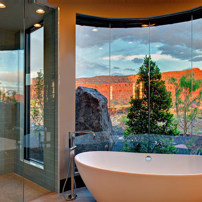 Bathroom - contemporary blue tile and glass tile bathroom idea in Salt Lake City