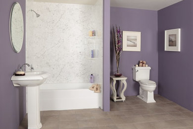 Mid-sized trendy master white tile linoleum floor bathroom photo in Austin with a pedestal sink, a one-piece toilet and white walls