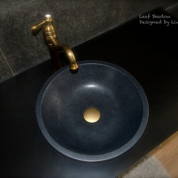 LEAF SHADOW 15'' BLACK GRANITE ROUND BATHROOM VESSEL SINK