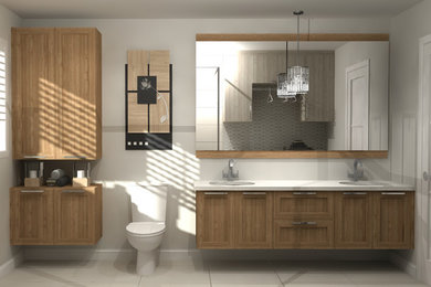 Foto de cuarto de baño contemporáneo con armarios estilo shaker y puertas de armario marrones