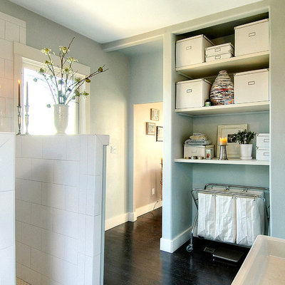 Trendy bathroom photo in Seattle with open cabinets