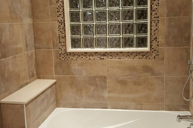 Inspiration for a mid-sized transitional kids' beige tile and ceramic tile ceramic tile alcove bathtub remodel in Montreal with a drop-in sink, flat-panel cabinets, dark wood cabinets, quartz countertops, a two-piece toilet and beige walls